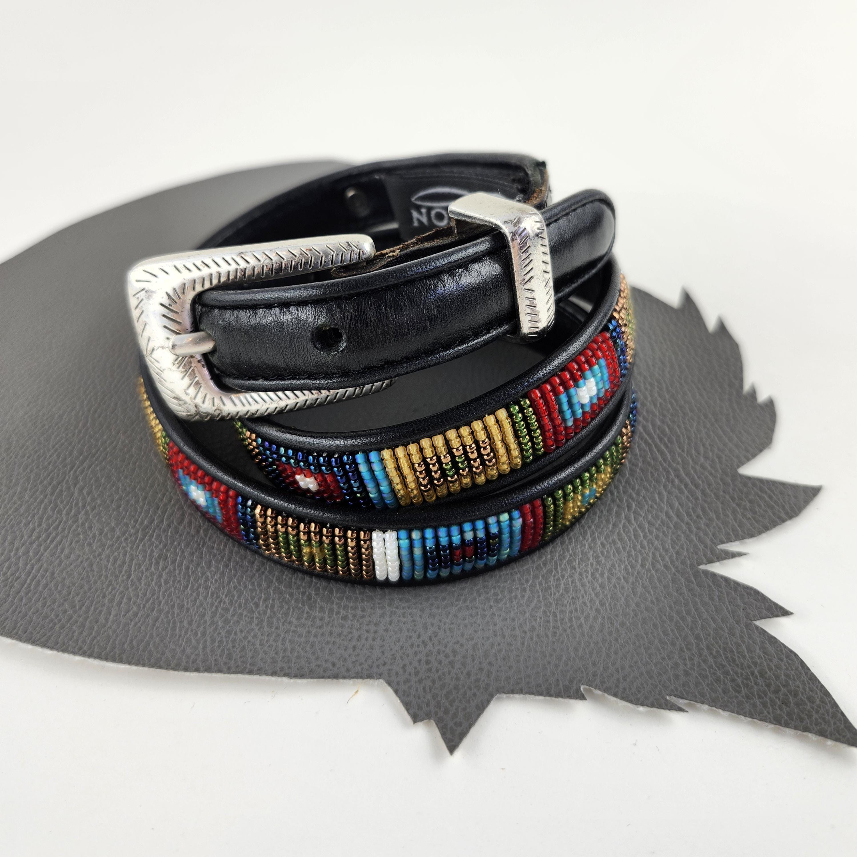 Brighton Beaded Leather Belt Size 28 Southwestern Geometric | EUC Brighton Black Leather Belt M Beaded Southwest Native Style  main image 2