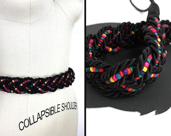 80s vintage black braided rope chord beaded stretch belt/ woven chord beaded 80s Vintage Black Velvet Rope Chord Braided Stretch Belt  main image 4