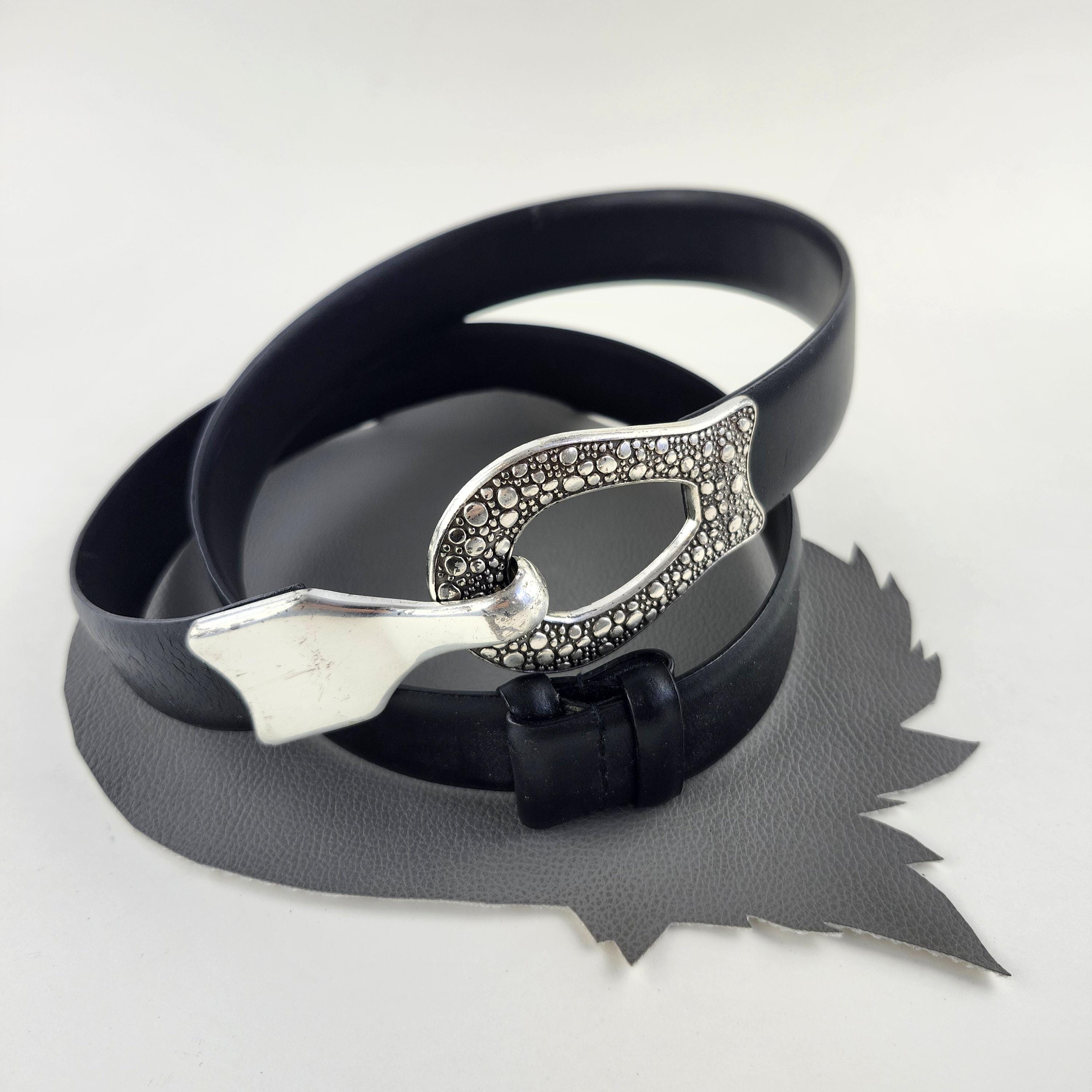 Black Leather Belt With Silver Loop Buckle / Adjustable  display picture 1
