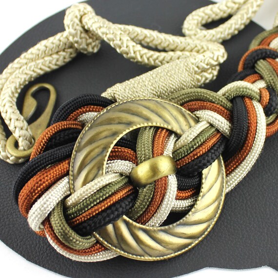 Cream Green Rust Black Knot Rope Belt with Brass … - image 2