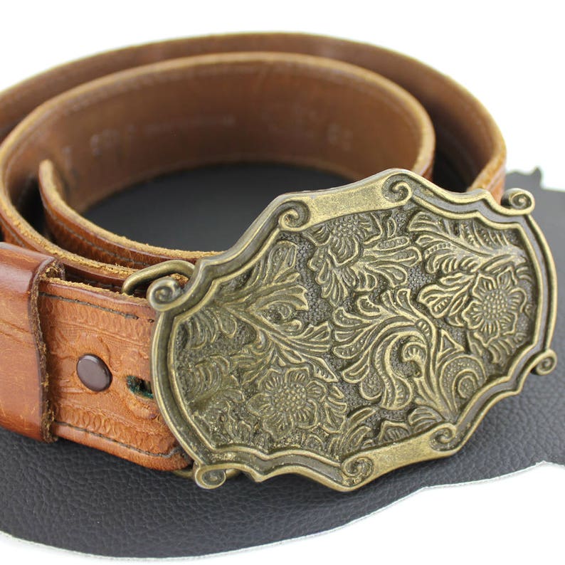 Brass Floral Buckle on Acron Tooled Carmel Brown Leather Belt - Etsy