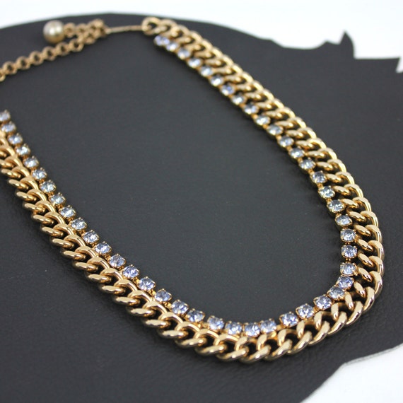 Blue Rhinestone & Gold Tone Vintage Necklace - image 4