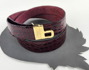 Vintage Mobwife Statement Leather Belt Burgundy Croc Embossed Gold Buckle S/M Gold Buckle Belt | Cherry Lacquer Classic Croc | BRAHMIN main image 3