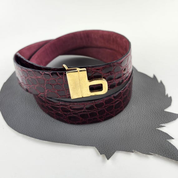 小物 vintage lether narrow belt burgundy Burgundy Maroon Red Bijan Leather Vintage Belt With Gold Buckle