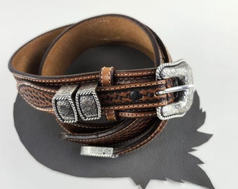Tobacco Brown & Black Tooled Leather Justin Western Belt With