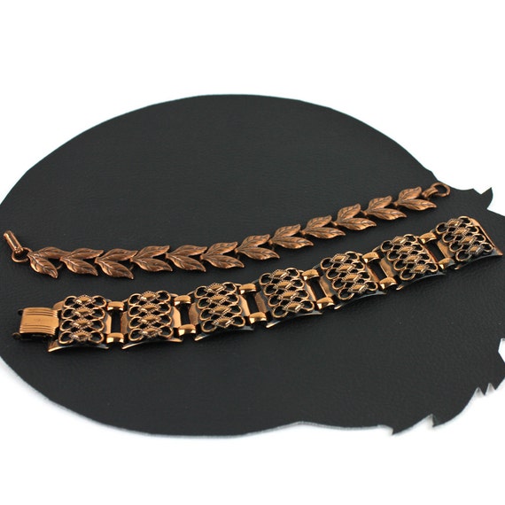 Copper Bracelet Set - Mid Century Modern & Leaf B… - image 4