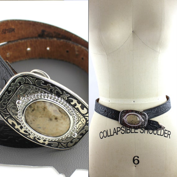 Brown Beige Stone Set in Silver Western Buckle on Black  display picture 2