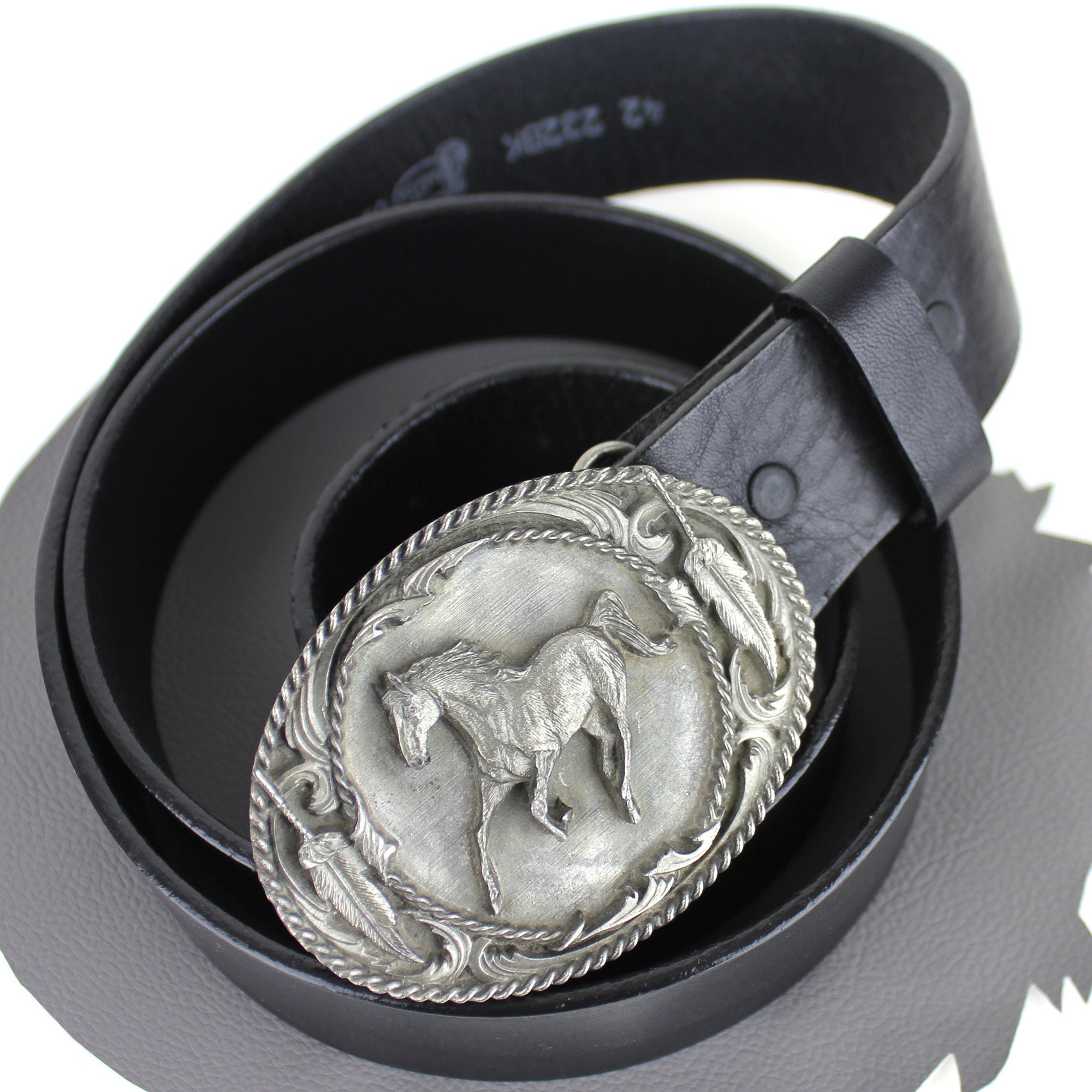 Pewter Horse Buckle on Black Leather Western Belt Size 42 - Etsy