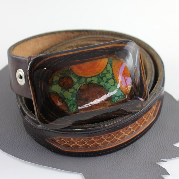 Abstract Wood & Stone Buckle on Brown Leather Belt Size 40/42 