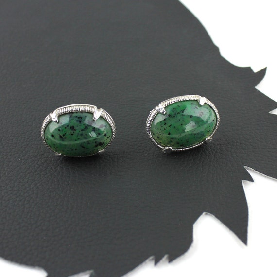 Green Speckled Stone and Silver Vintage Men's Cuf… - image 2