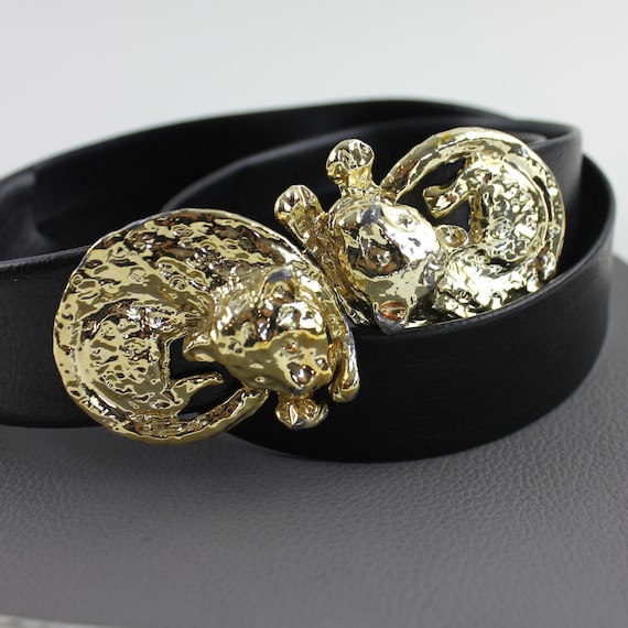 Gold Jaguar Puma Buckle on Black Faux Leather Vin… - image 2