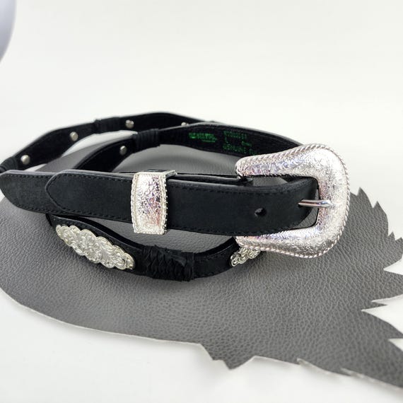 Vintage Black Leather Western Belt With Silver Paisley  display picture 1
