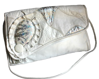 White 80s Leather Vintage Purse with Rainbow Metallic Finish