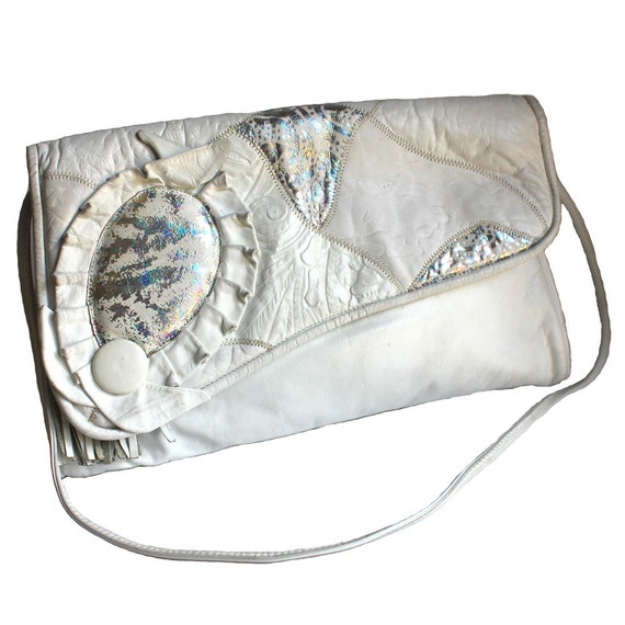 White 80s Leather Vintage Purse with Rainbow Meta… - image 1