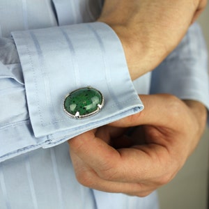 Green Speckled Stone and Silver Vintage Men's Cuff Links image 3
