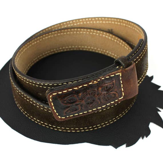 Brown Floral Tooled Suede Leather Western Distres… - image 4