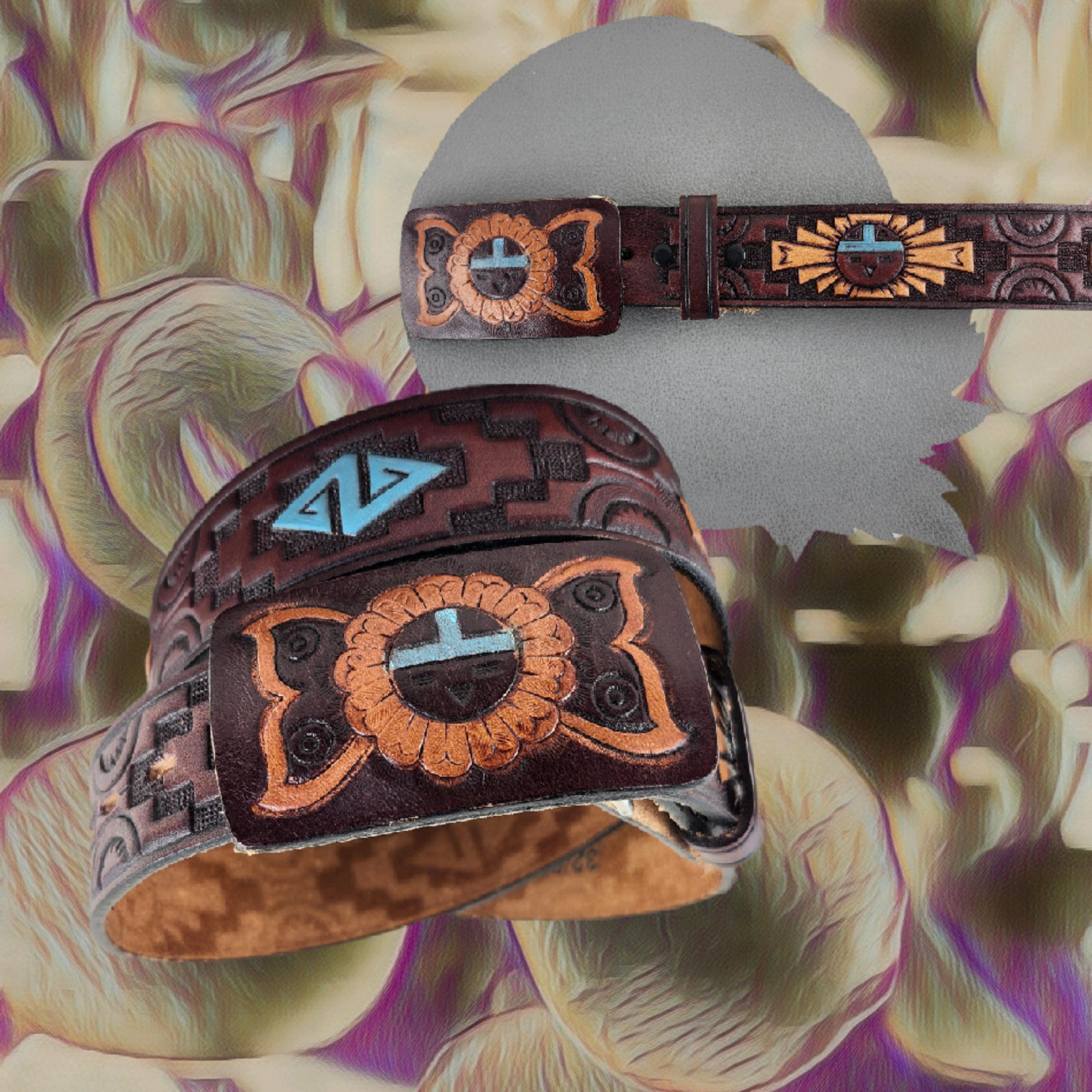 Aztec Tooled & Painted Brown Leather Belt Size 32/ Vintage 