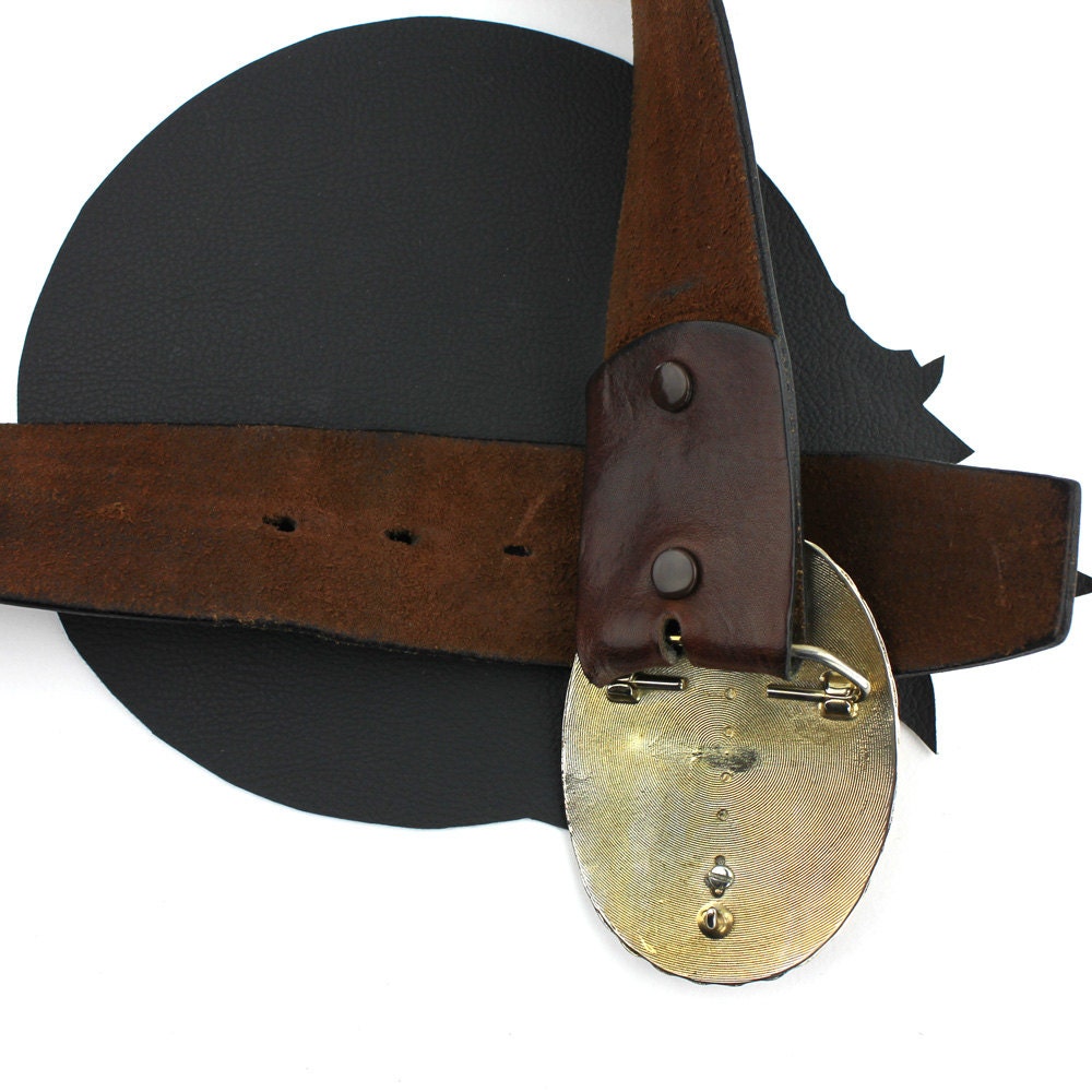 Orange & Gold Western Buckle on Tobacco Brown Leather Belt  display picture 1
