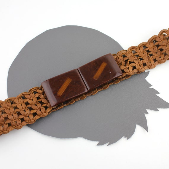 Brown Faux Leather Woven Belt with Glossy Wood Bu… - image 3