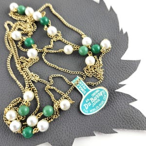 Long Gold Chain with Faux Pearls & Green Bead Vintage Necklace with Original Tag