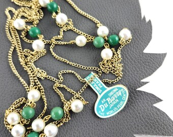 Long Gold Chain with Faux Pearls & Green Bead Vintage Necklace with Original Tag