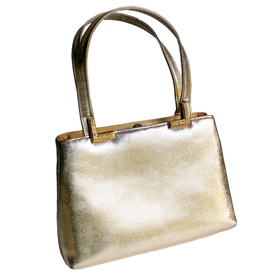 Vintage Gold Vinyl and Rhinestone Purse - image 1