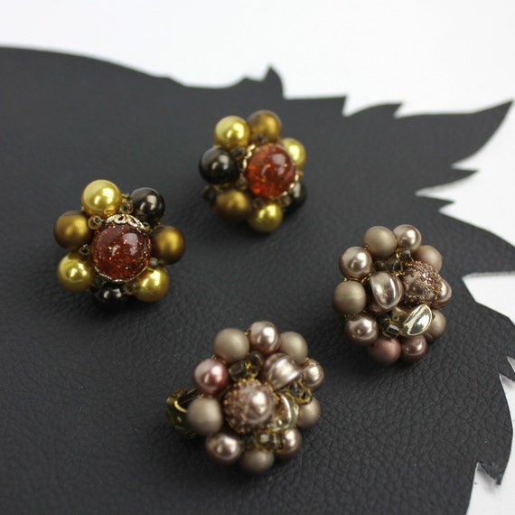 Cluster Bead Vintage Clip On Earring Set Two Pair 5… Gem