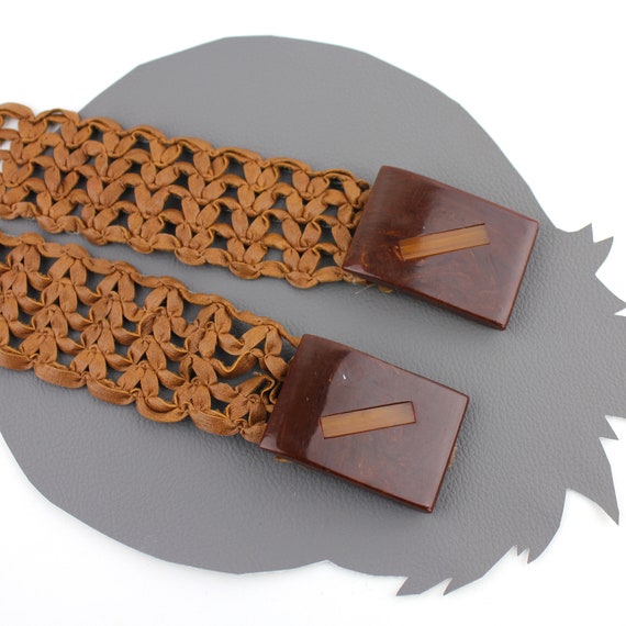 Brown Faux Leather Woven Belt with Glossy Wood Bu… - image 7