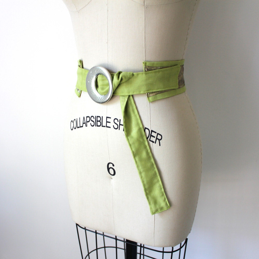 Chartreuse & Gold Wrap Belt With Silver Faux Snakeskin  display picture 3