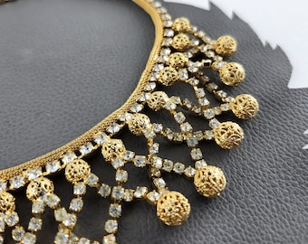 Vintage Ornate Rhinestones and Gold Statement Evening Necklace / Wedding Prom Formal