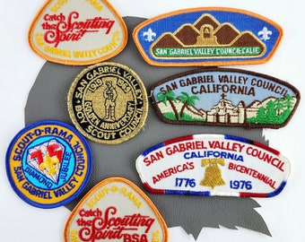 Boy Scout Badges Iron on Patches Vintage 80s San Gabriel Valley Council, Scout-O-Rama, Catch the Scouting Spirit BSA,Diamond Jubilee 75