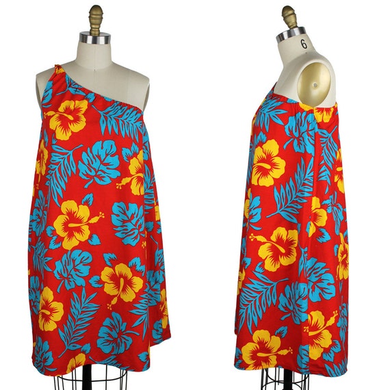 Hawaiian Floral Beach Poolside Dress - Red Teal Golde… - Gem
