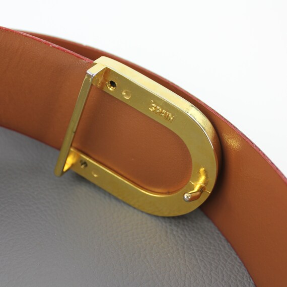 Vintage Red Lizard Grain Leather Belt With Gold Buckle Size  display picture 3
