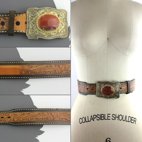 Red Stone Set in Brass Buckle on Tooled Leather Belt Unisex - Size