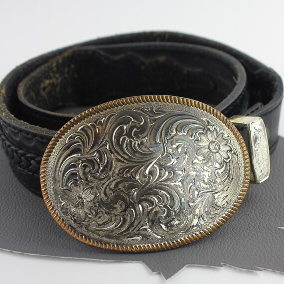 Black Leather Western Belt with Silver Paisley Bu… - image 4