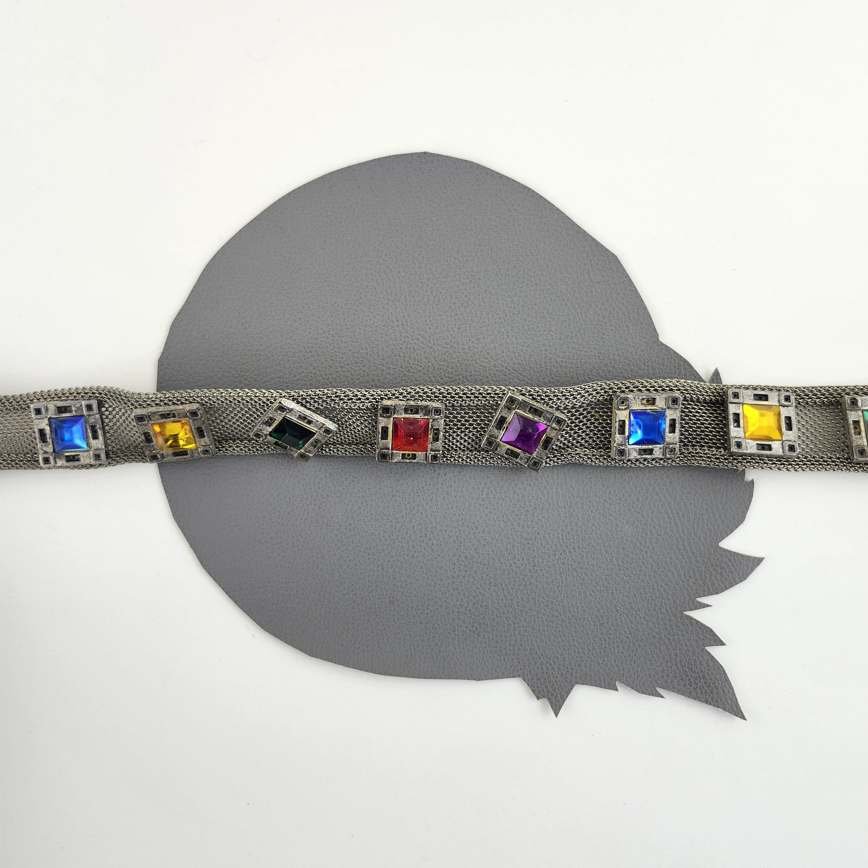 Rainbow Jeweled Silver Metal Mesh & Black Leather Studded  display picture 1