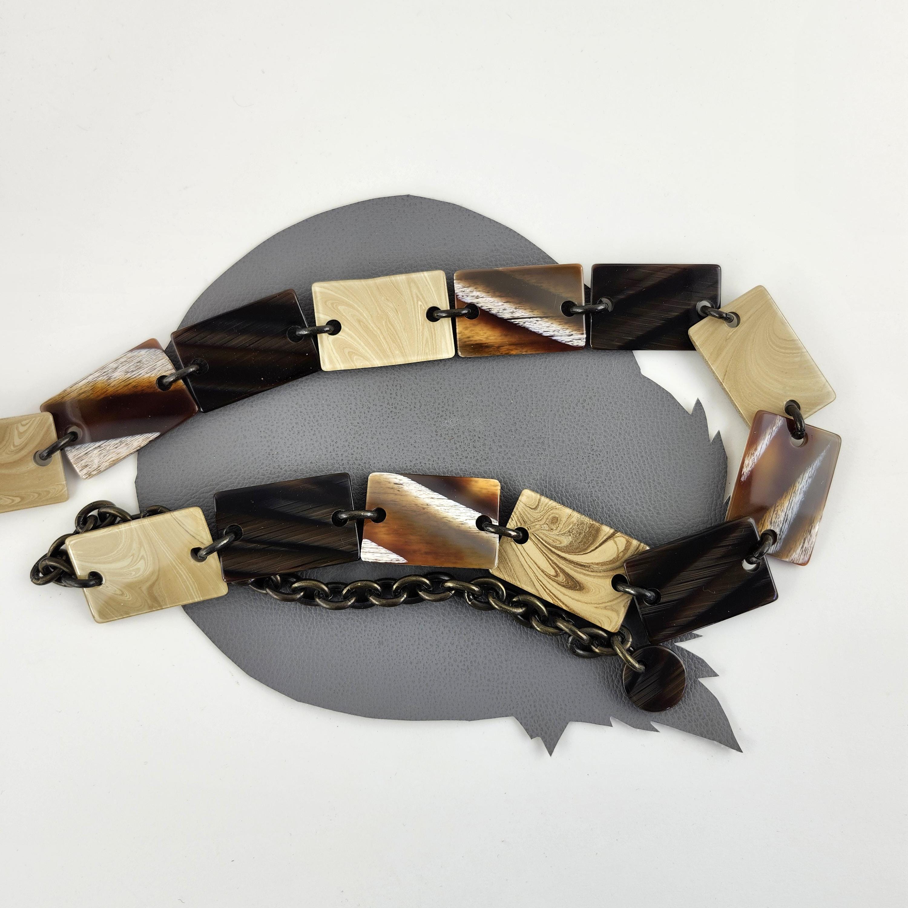 Brown Chain Link Belt Vintage 40\'s Retro Early Plastic Brown Link Hip Belt Vintage Brown Black Tan Orange Cream Plastic Stone Pattern  main image 3