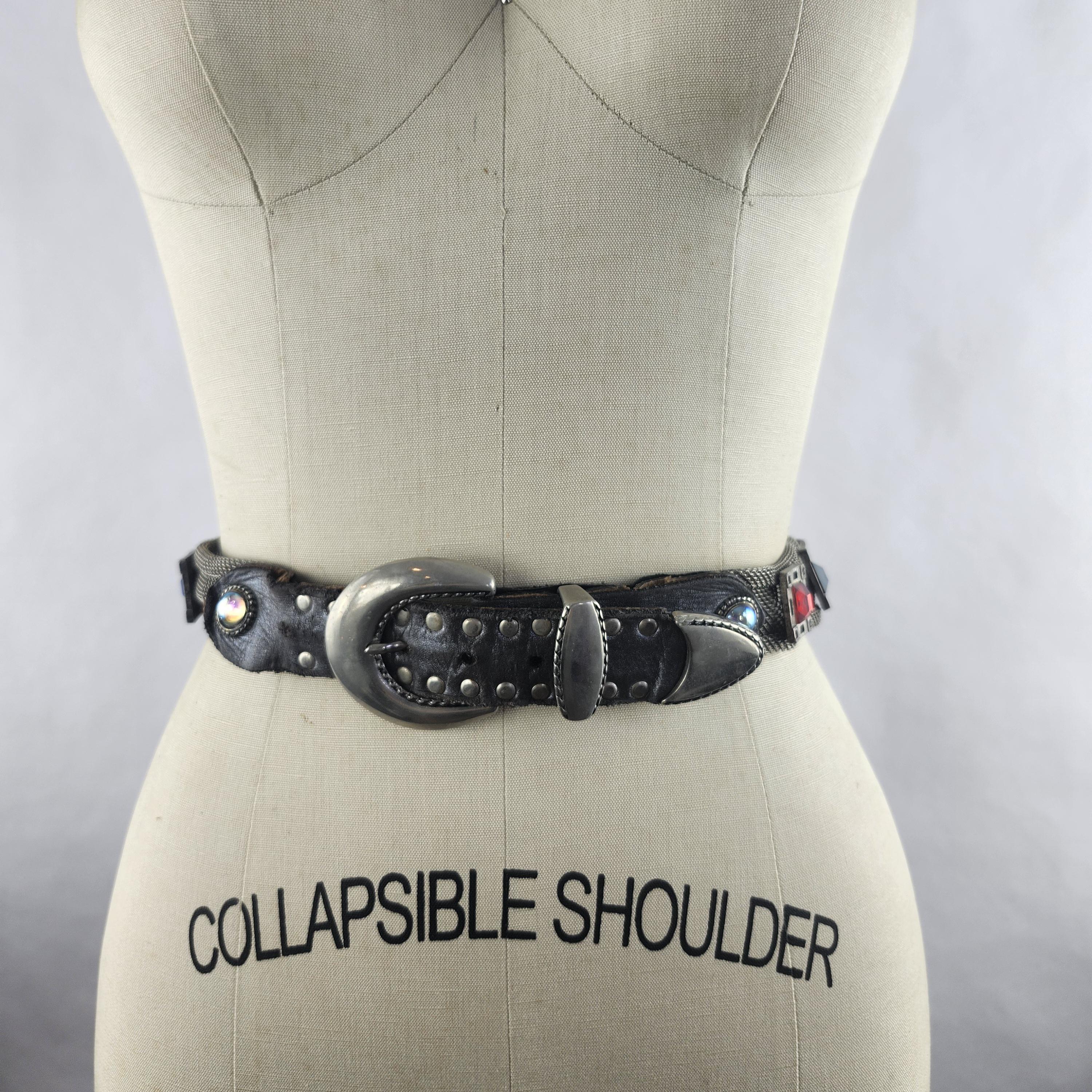 Metal Mesh and leather unique studded belt Black Leather Studded Belt: Hand Tooled Vintage Style Modern  main image 4