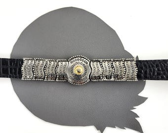 Black Vintage Faux Alligator Leather Belt With Silver & Gold  display picture 1