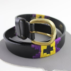 Black Leather Belt with Purple & Yellow Braided Southwest Detail size 28/30 / Small Medium