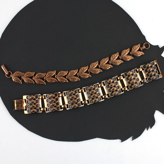 Copper Bracelet Set - Mid Century Modern & Leaf B… - image 3