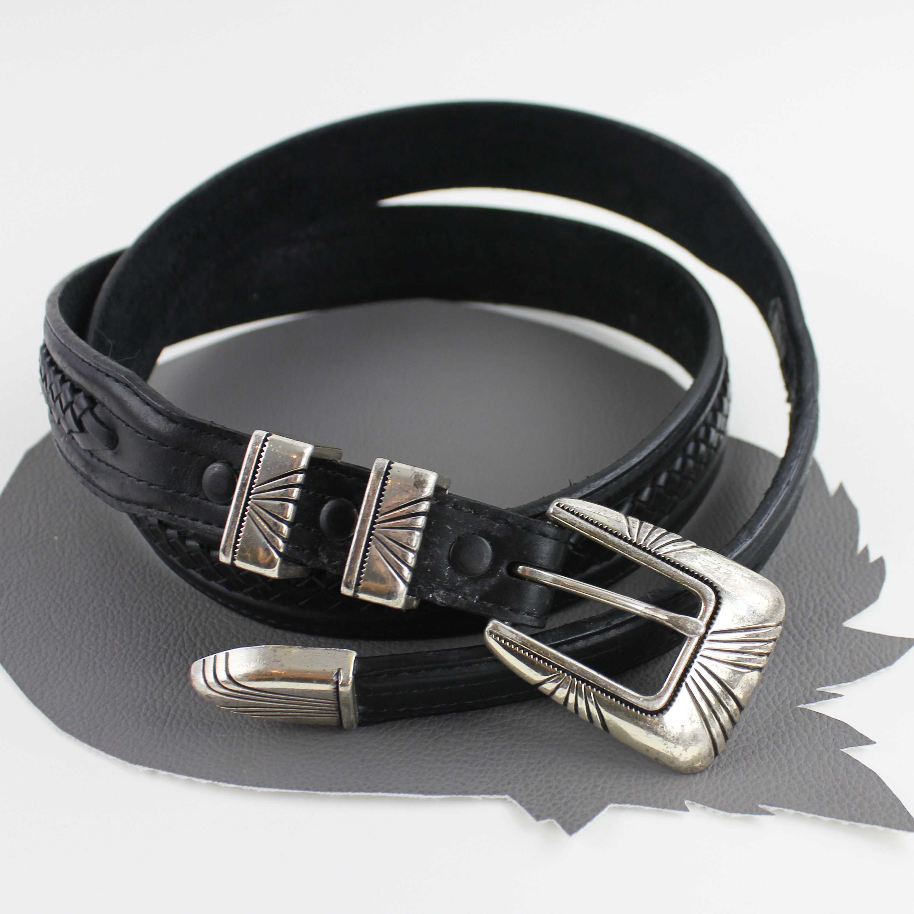 Black Leather Western Belt With Silver Buckle and Tip US