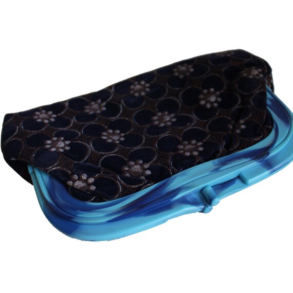 Navy Floral Velveteen with Blue Plastic Clasp Clu… - image 2