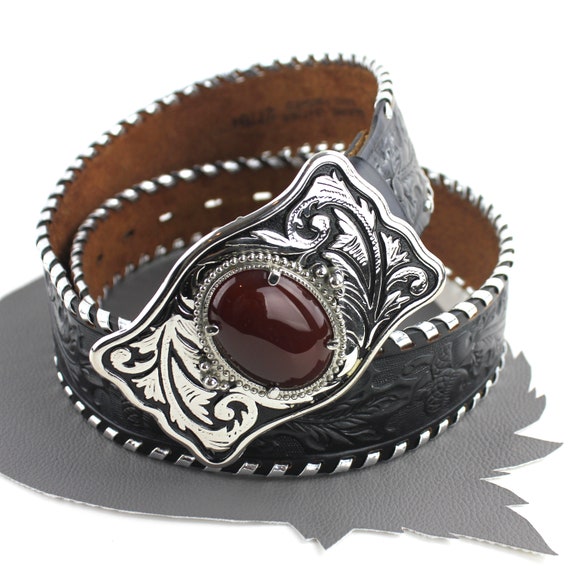 Red Stone Set in Silver Western Buckle on Black Tooled Leather 