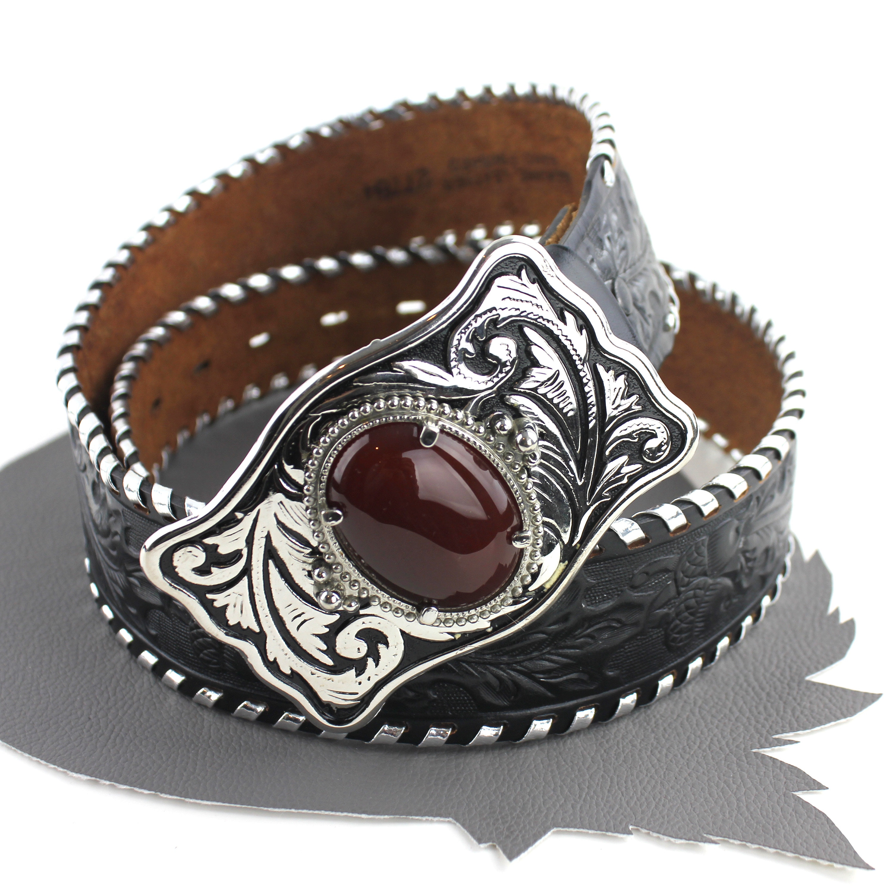 Red Stone Set in Silver Western Buckle on Black Tooled  display picture 3