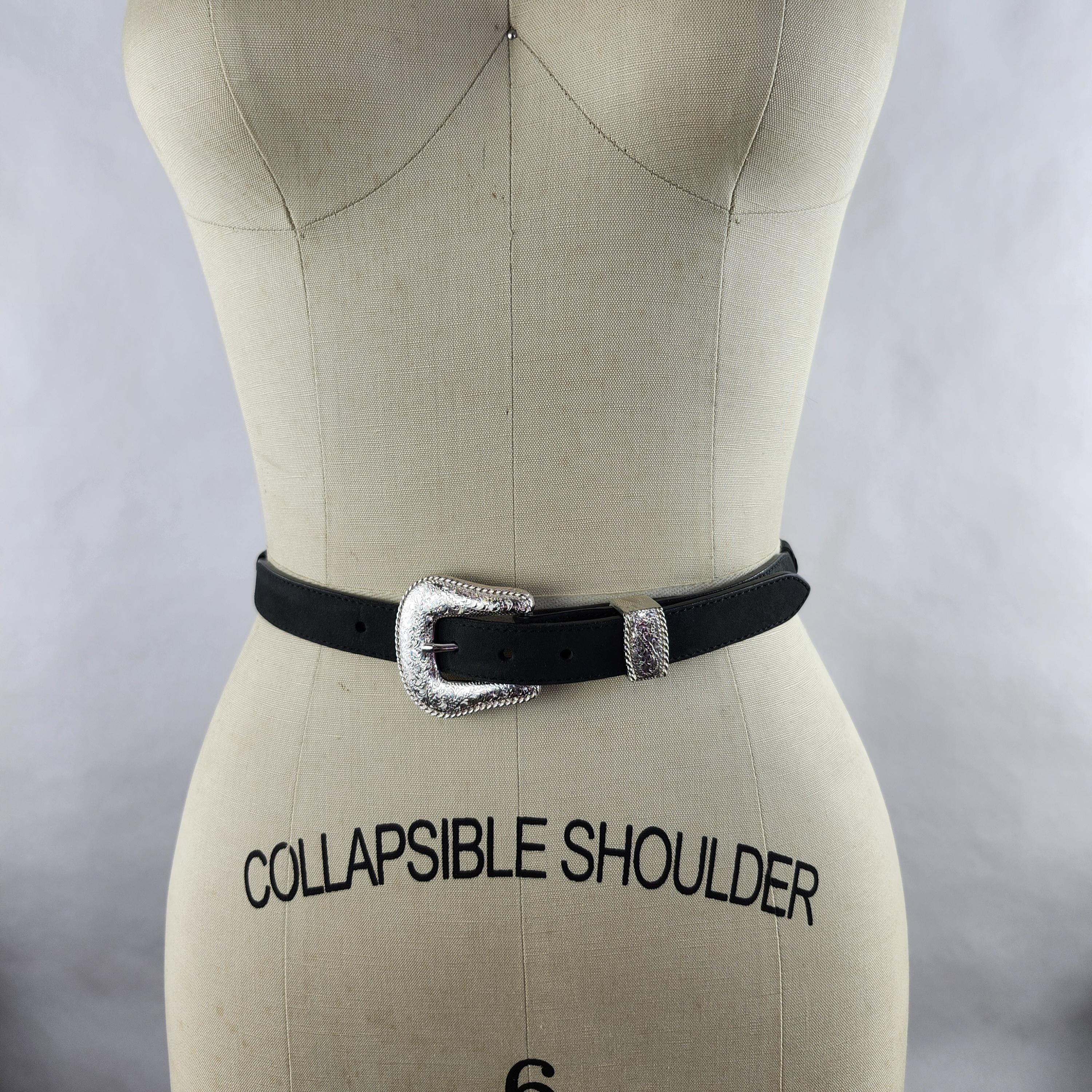 Vintage Black Leather Western Belt With Silver Paisley 