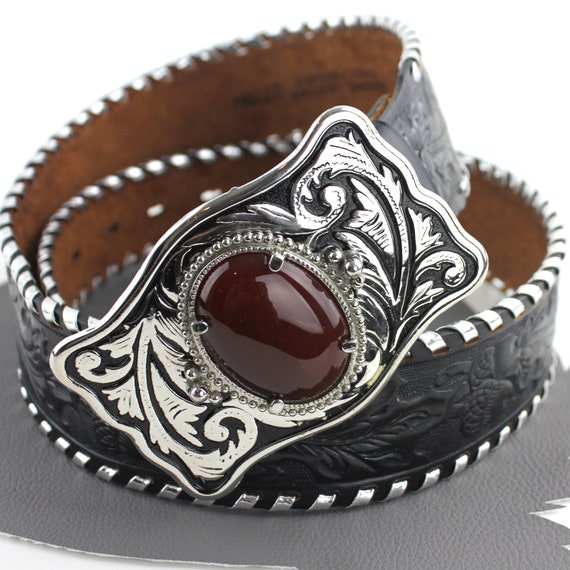 Red Stone Set in Silver Western Buckle on Black Tooled Leather 
