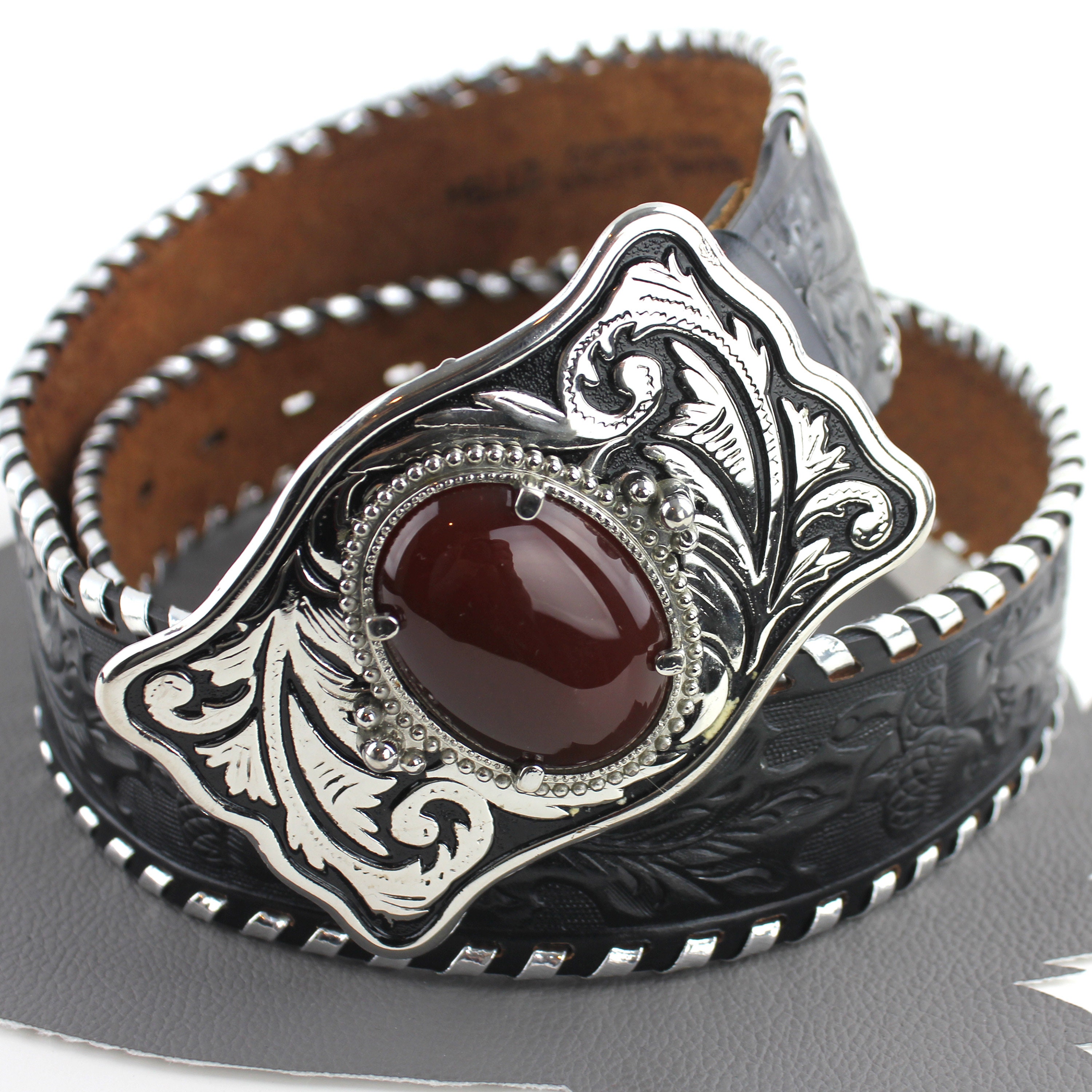 VHLC Plata De Jalisco Sterling Silver Burgundy Tooled Leather Belt 32\