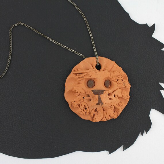 Vintage Lions Head Clay Handmade Necklace - image 4