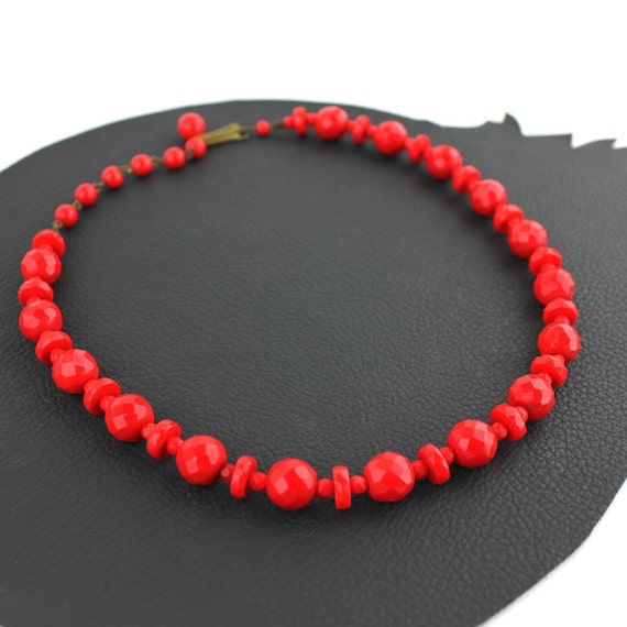 Cherry Red Faceted Bead Vintage Necklace - image 1